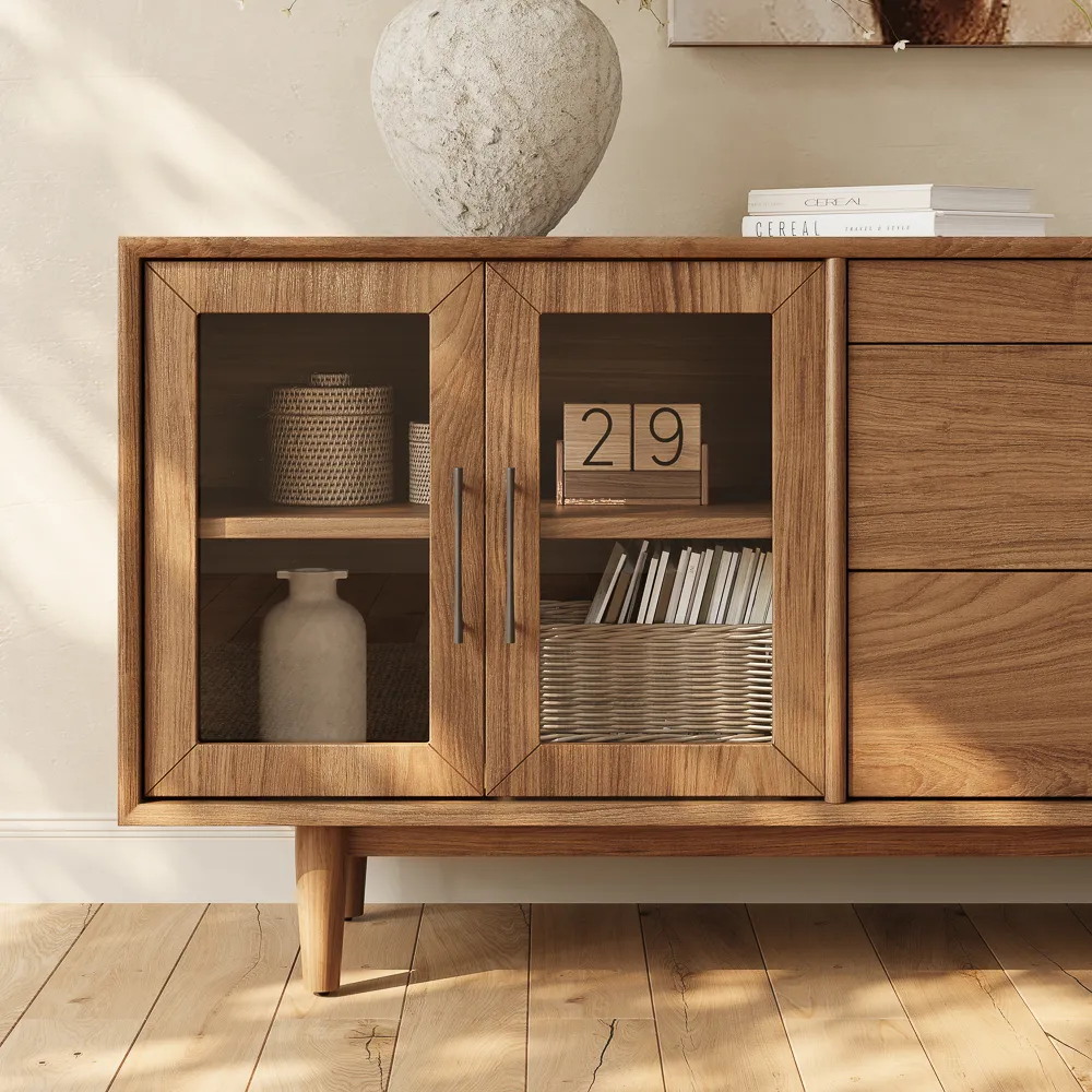 Mid-Century Modern TV Stand with Glass Doors