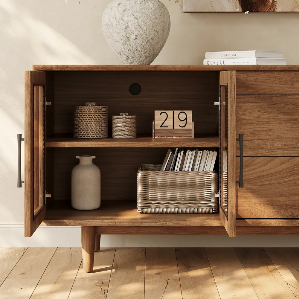 Mid-Century Modern TV Stand with Glass Doors