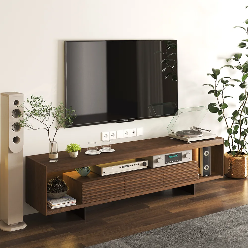 Mid-Century Modern Fluted TV Stand with LED Light