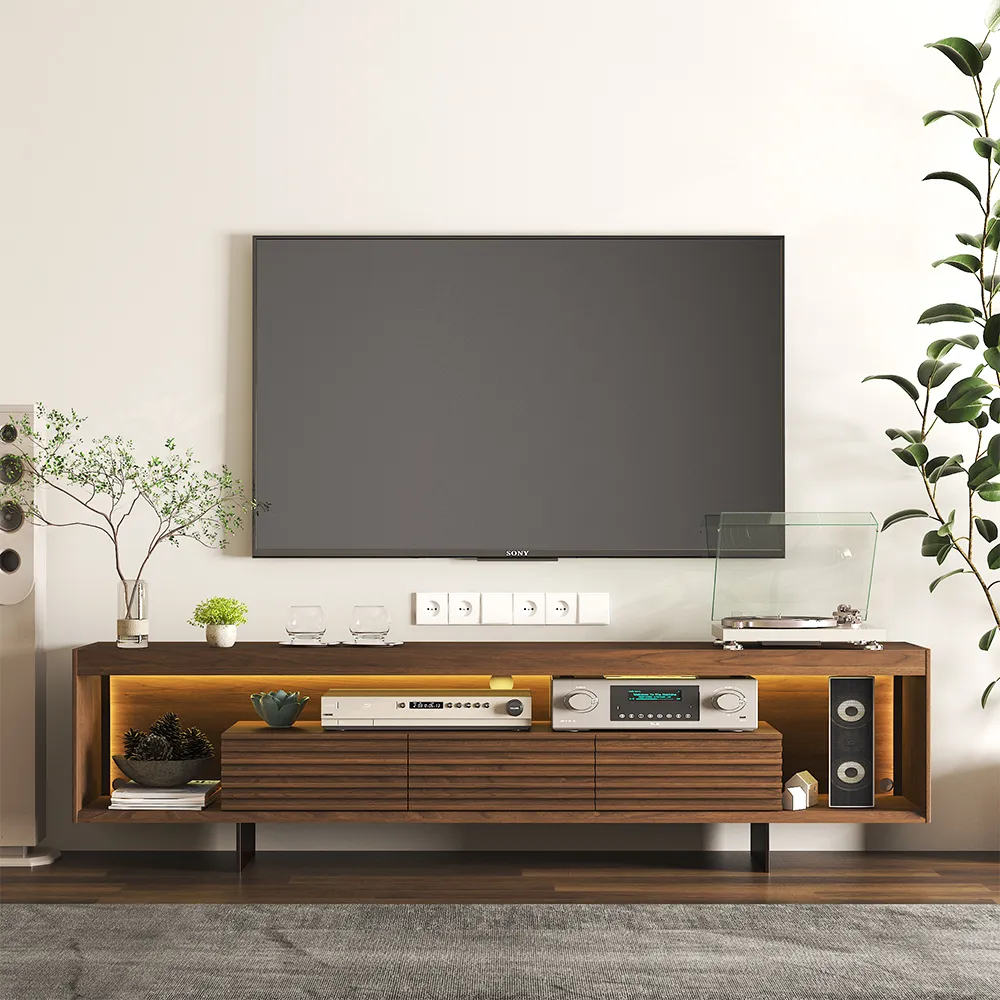 Mid-Century Modern Fluted TV Stand with LED Light