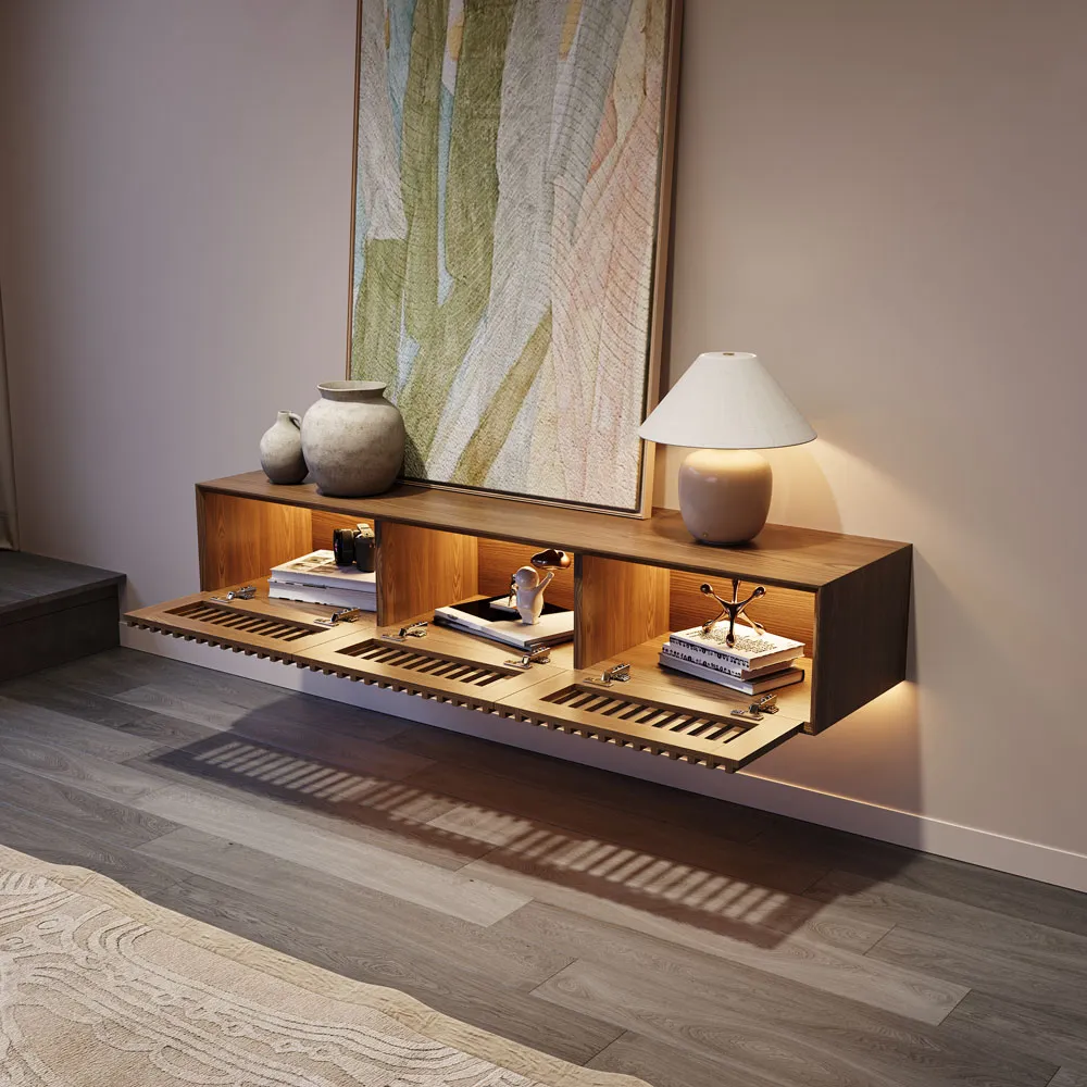 Mid-Century Floating TV Console with Adjustable LED Lights