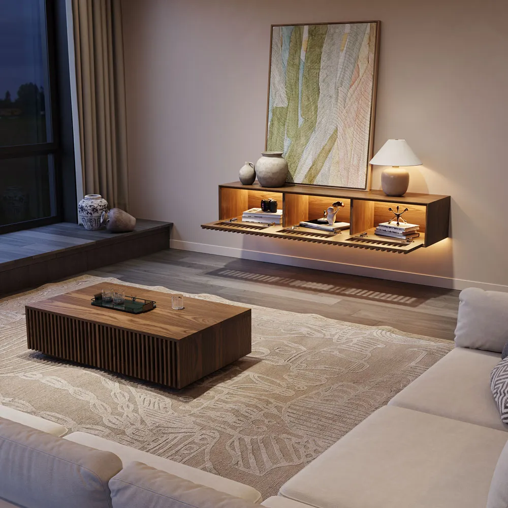 Mid-Century Floating TV Console with Adjustable LED Lights