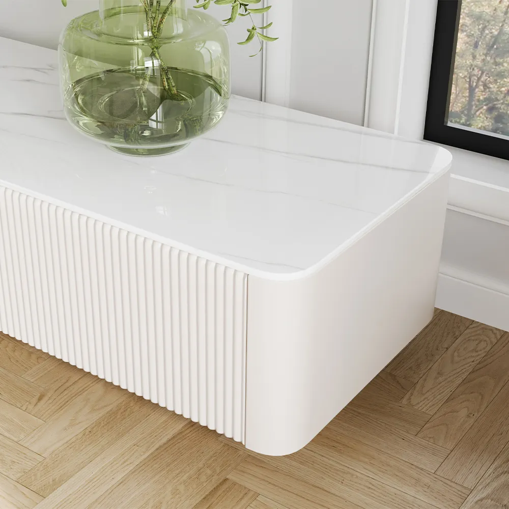 Long Fluted TV Stand with Glossy Sintered Stone Top