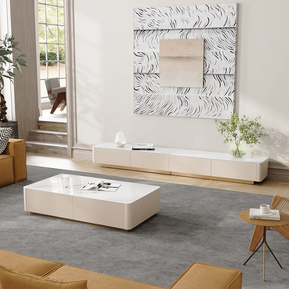 Long Fluted TV Stand with Glossy Sintered Stone Top