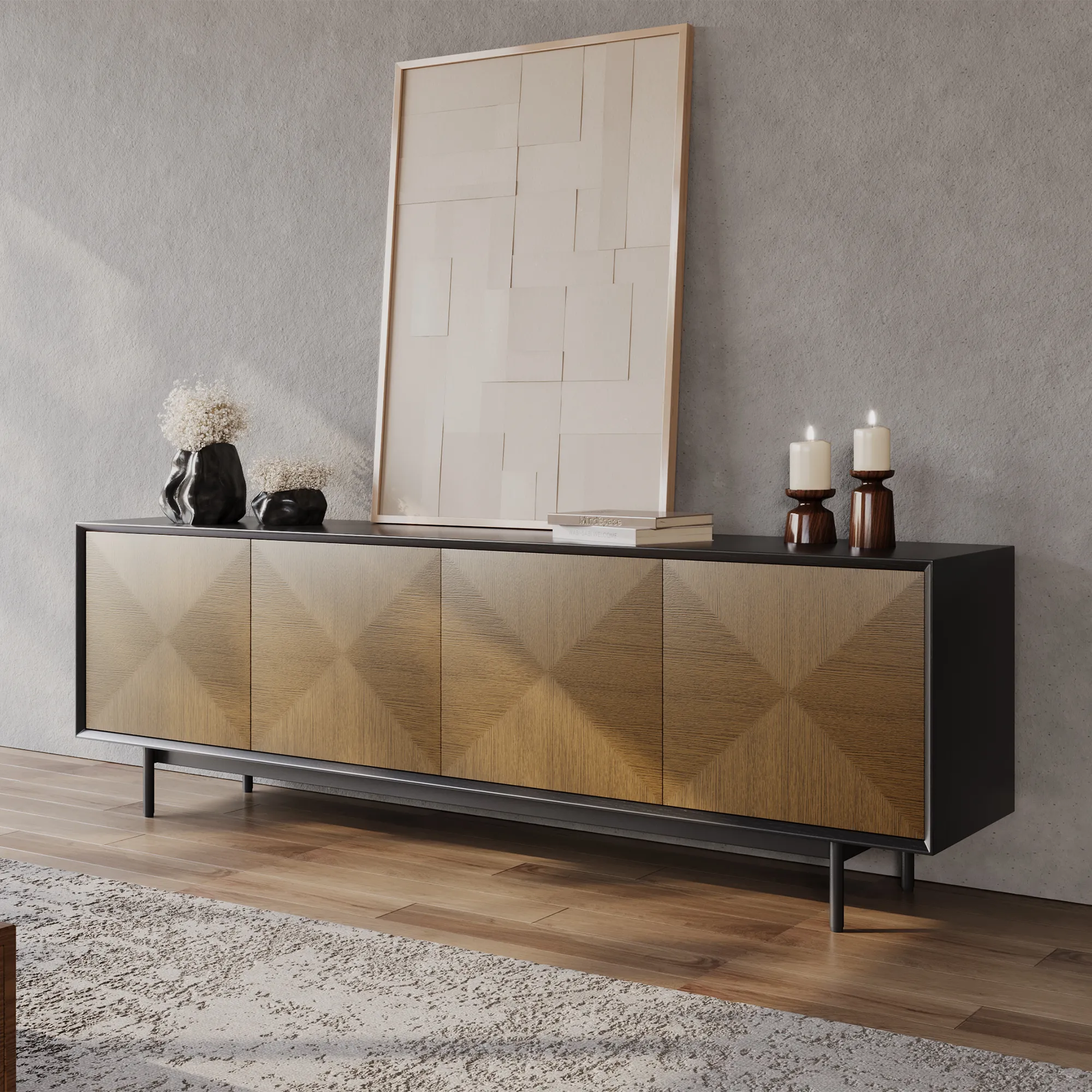 Mid-Century Modern Walnut color&Black TV Stand