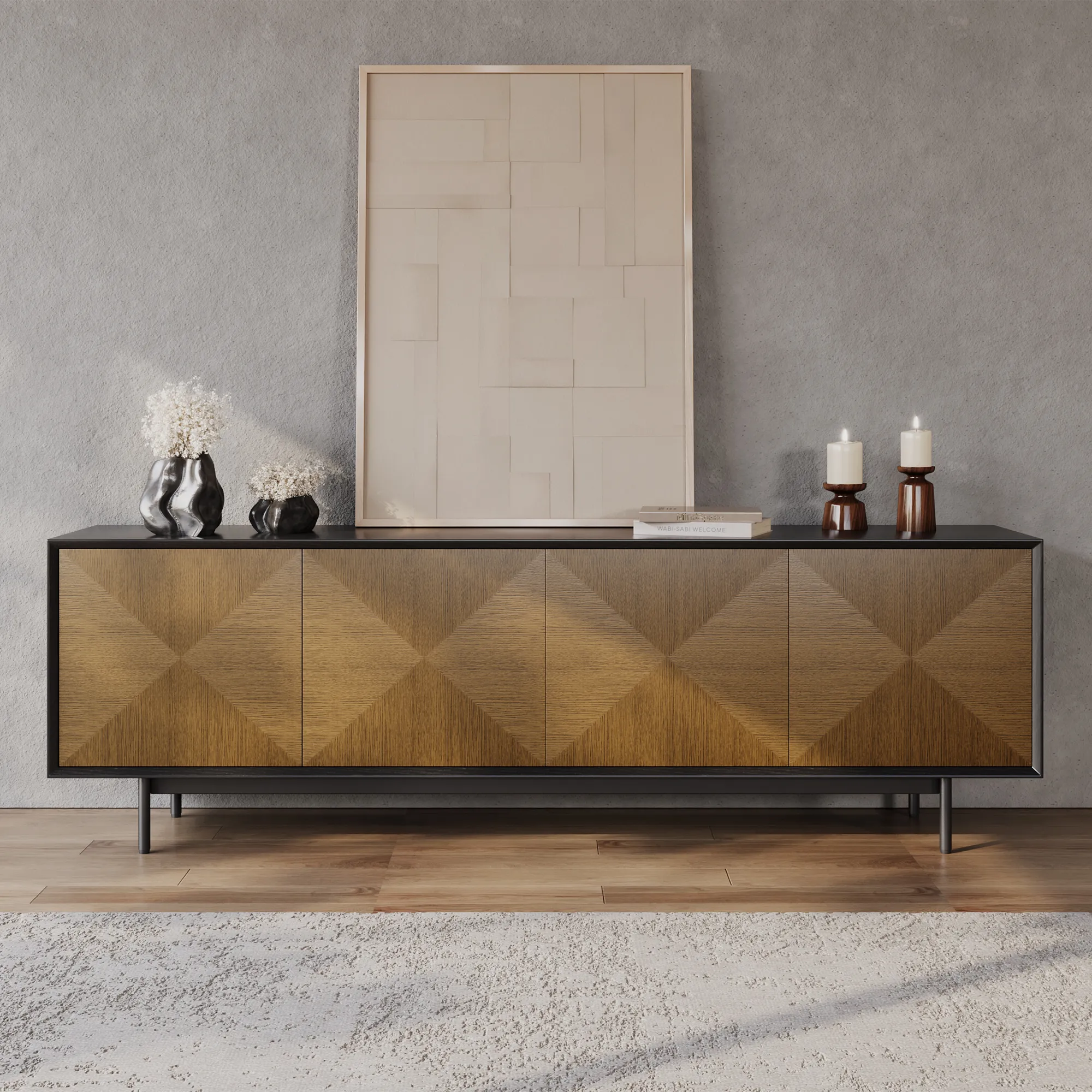 Mid-Century Modern Walnut color&Black TV Stand