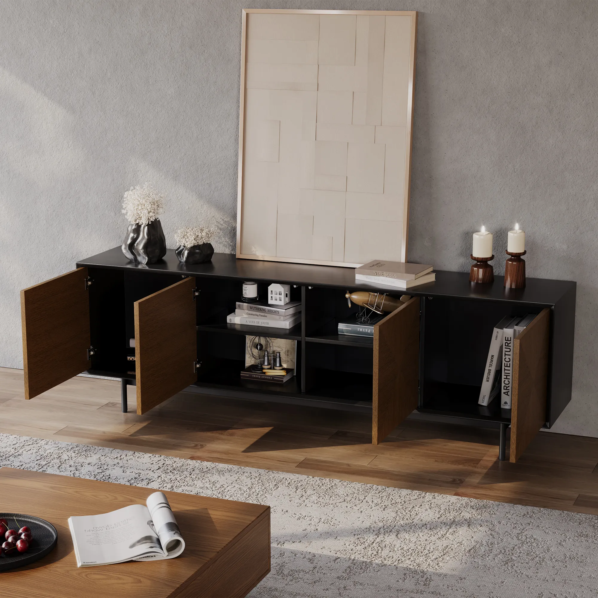 Mid-Century Modern Walnut color&Black TV Stand