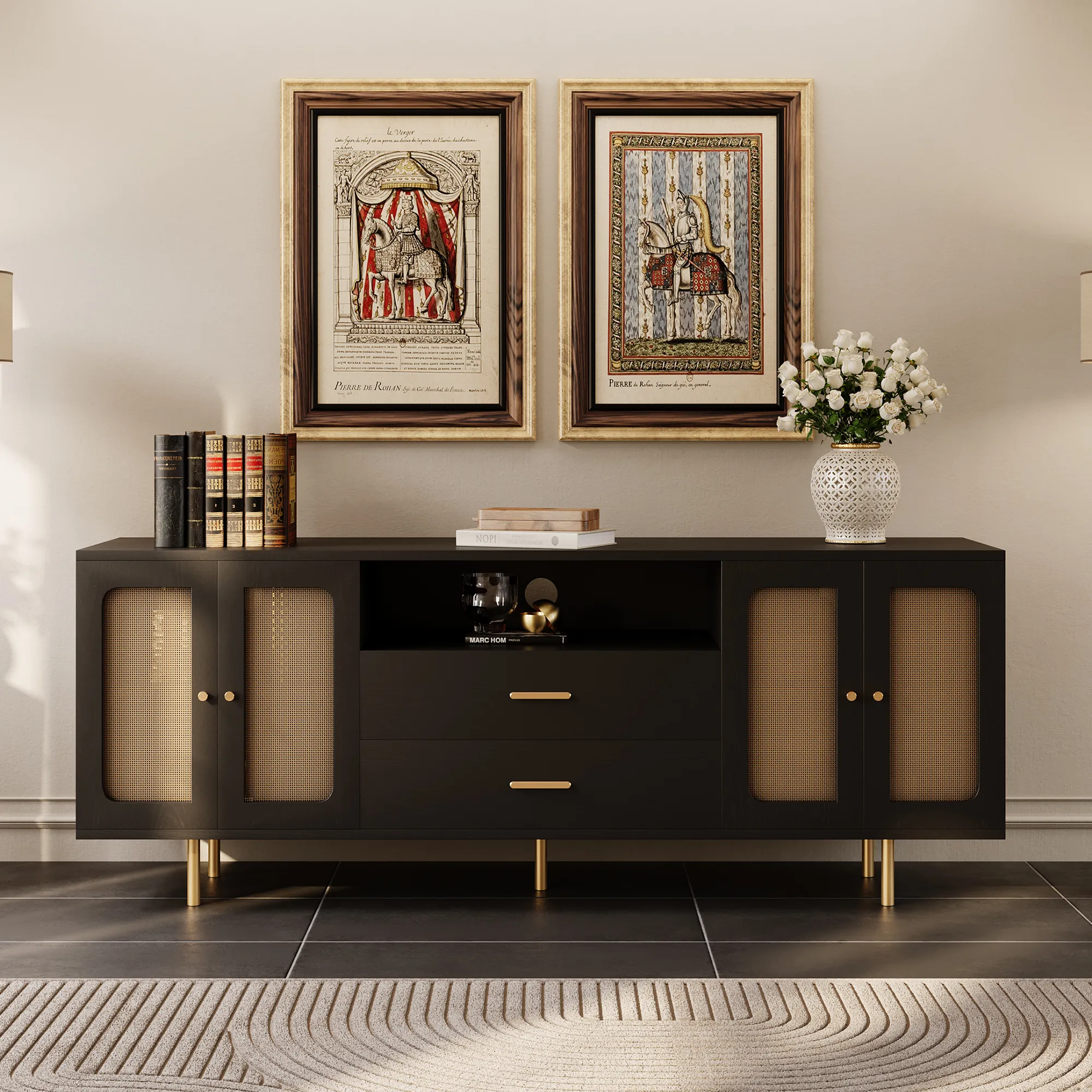 Mid-Century Black Rattan TV Stand with LED Lights