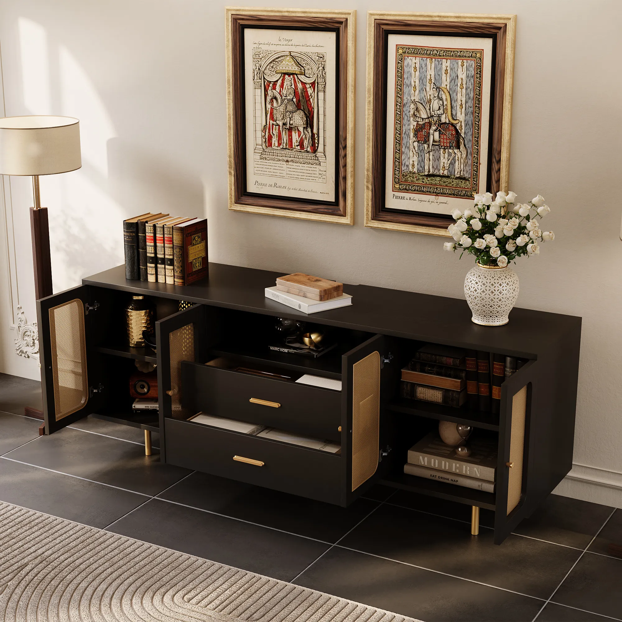 Mid-Century Black Rattan TV Stand with LED Lights