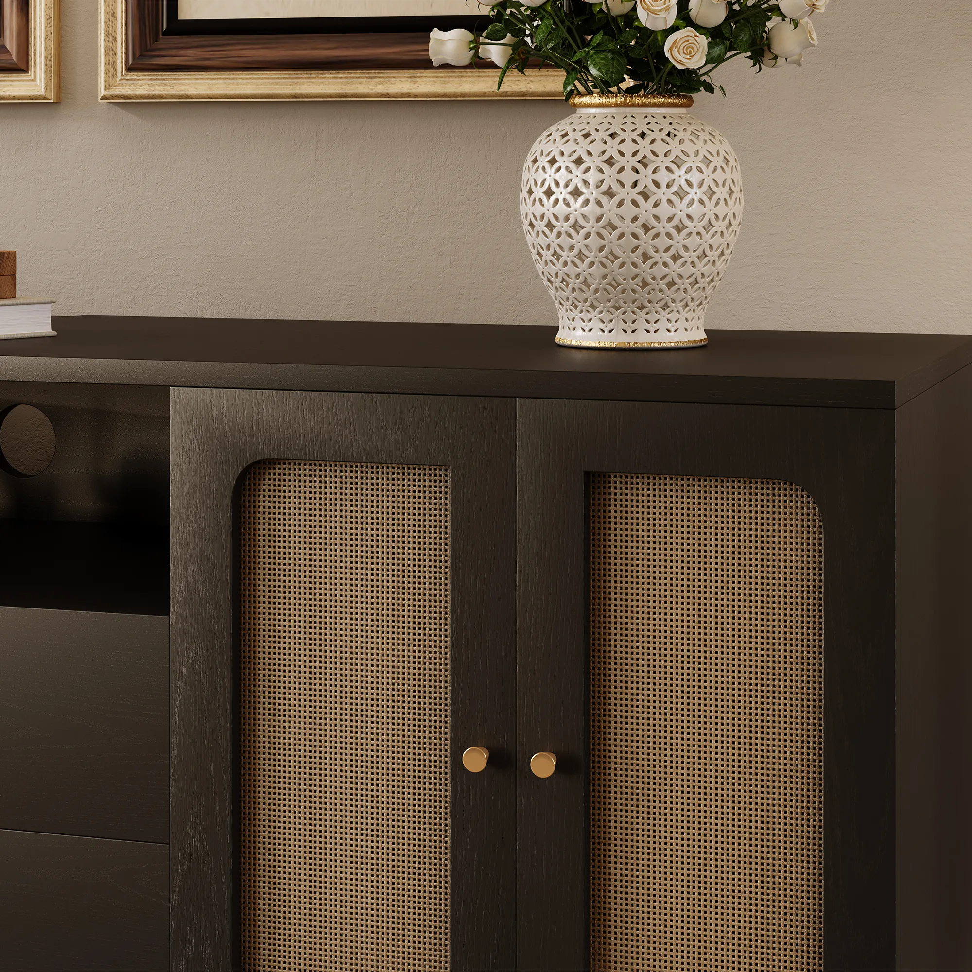 Mid-Century Black Rattan TV Stand with LED Lights