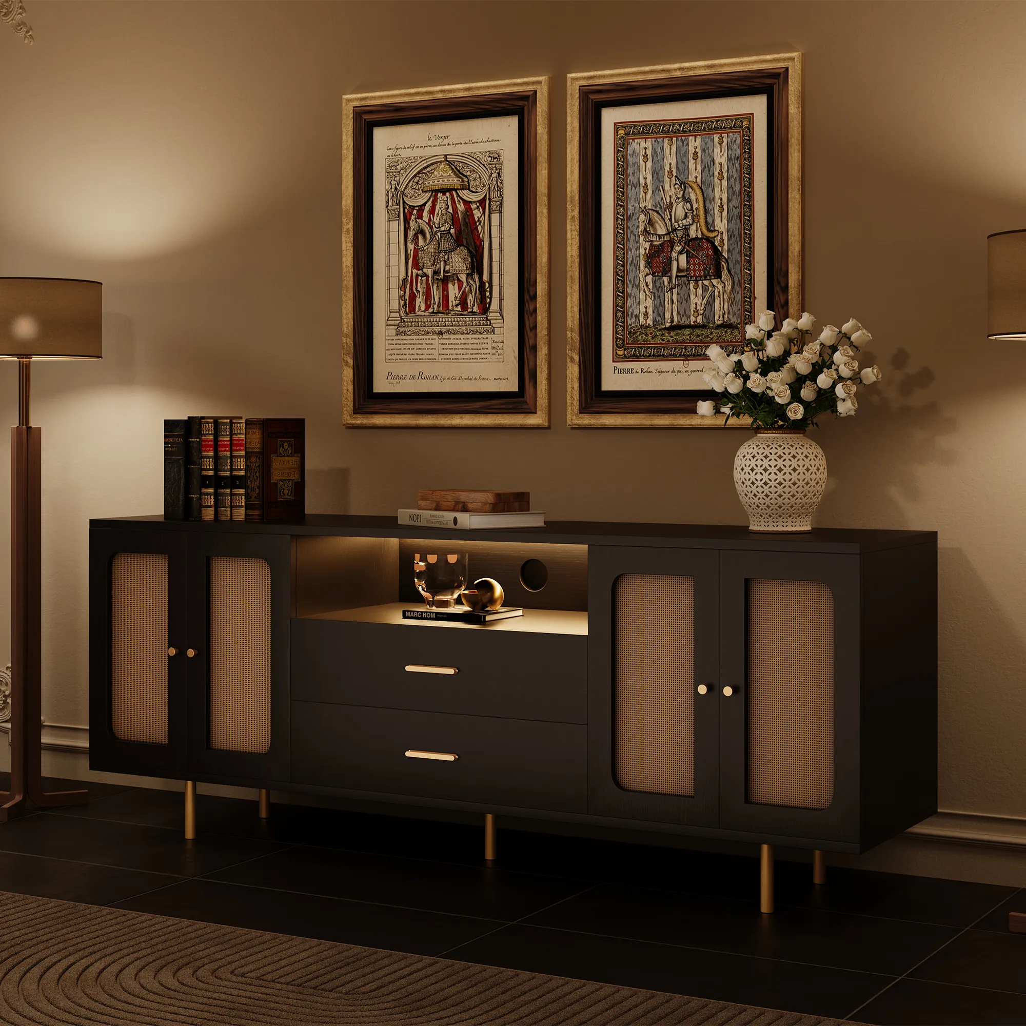 Mid-Century Black Rattan TV Stand with LED Lights