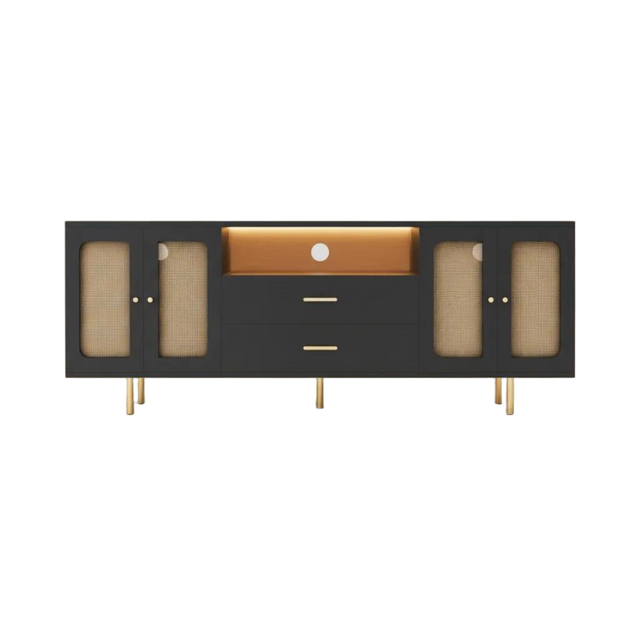 Mid-Century Black Rattan TV Stand with LED Lights