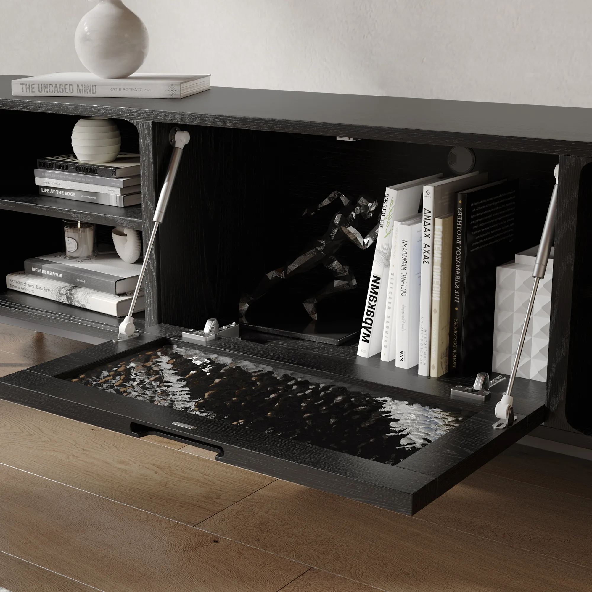 Mid-Century Modern Fluted TV Stand with Tambour Door