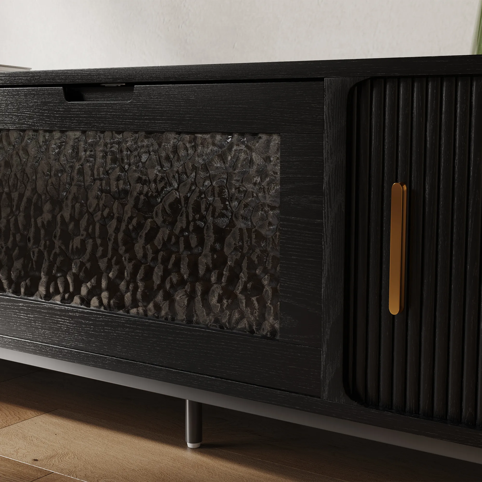 Mid-Century Modern Fluted TV Stand with Tambour Door