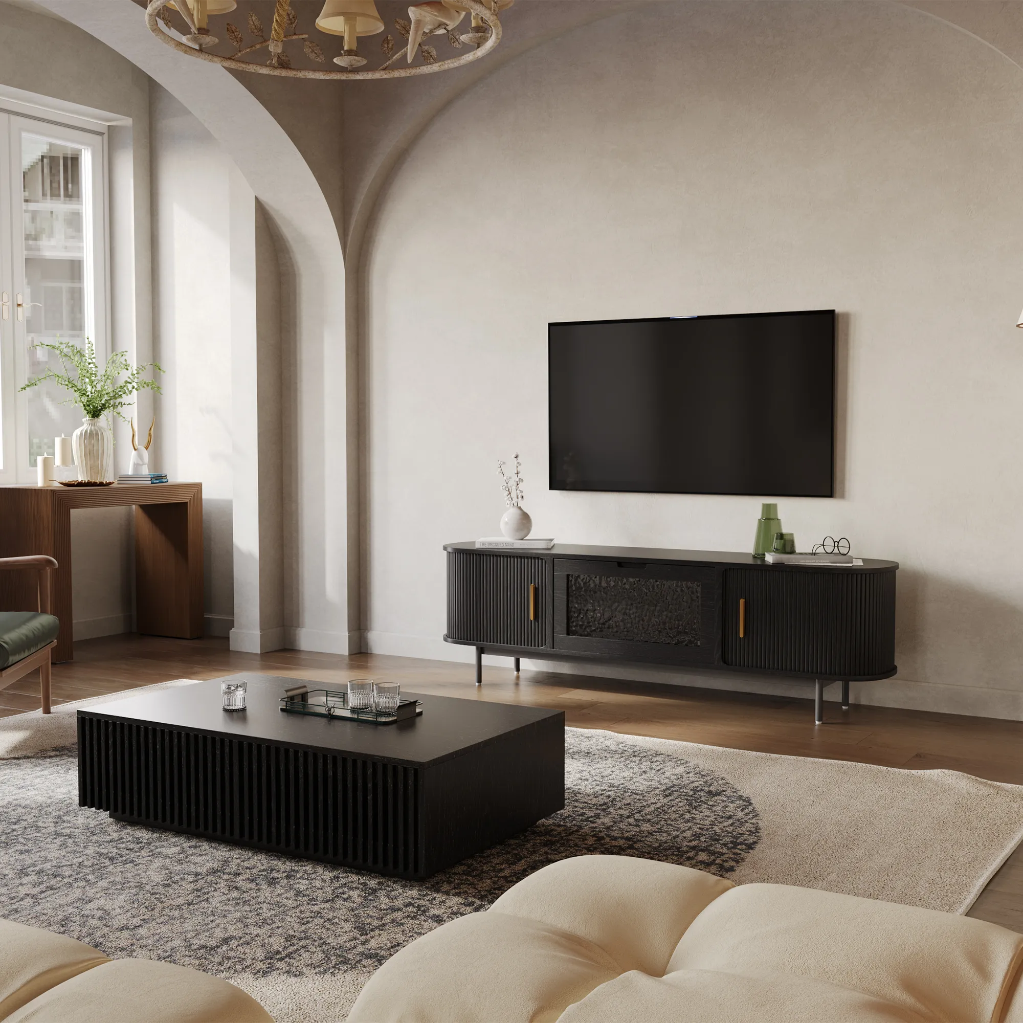 Mid-Century Modern Fluted TV Stand with Tambour Door