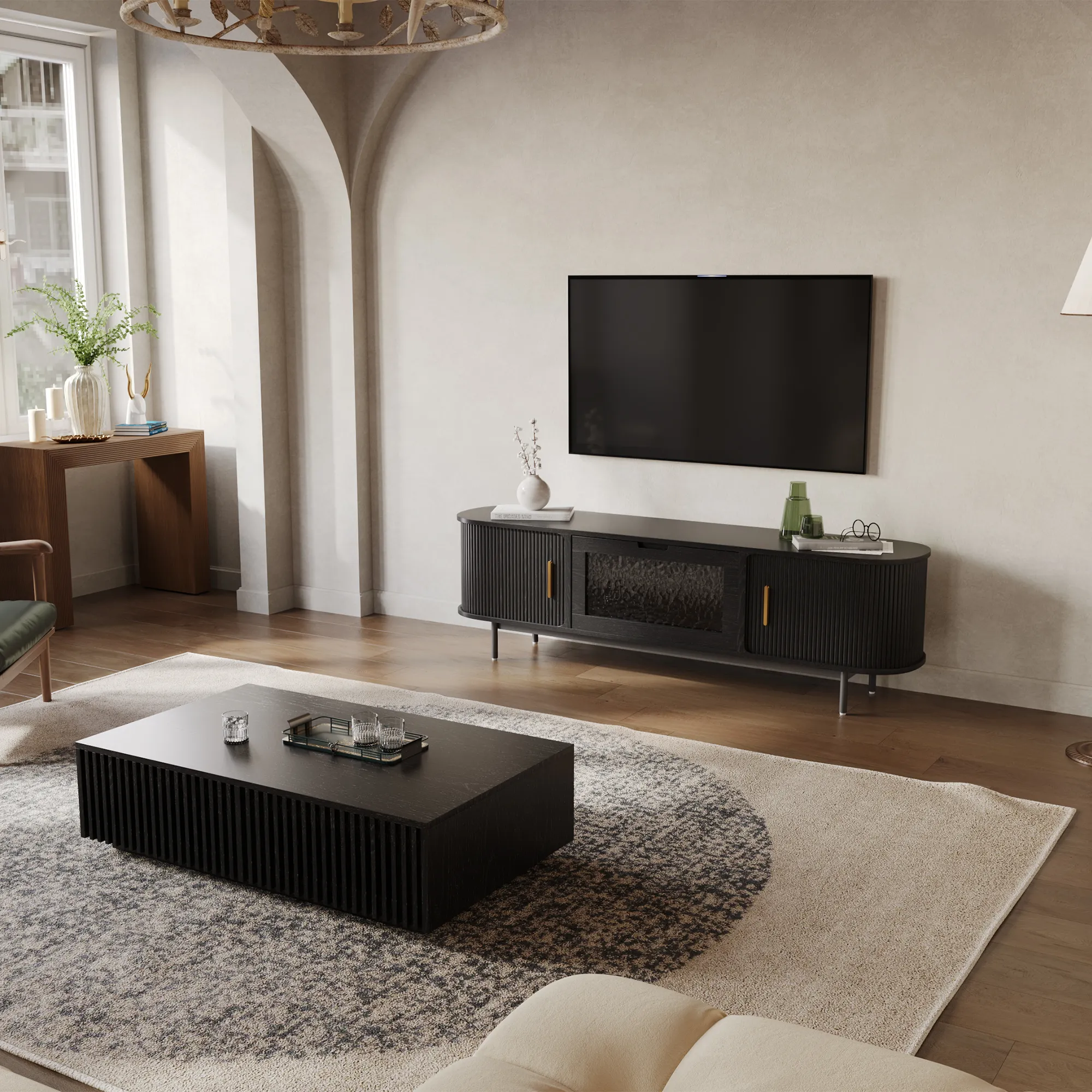 Mid-Century Modern Fluted TV Stand with Tambour Door