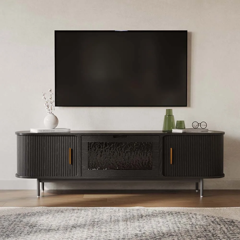 Mid-Century Modern Fluted TV Stand with Tambour Door