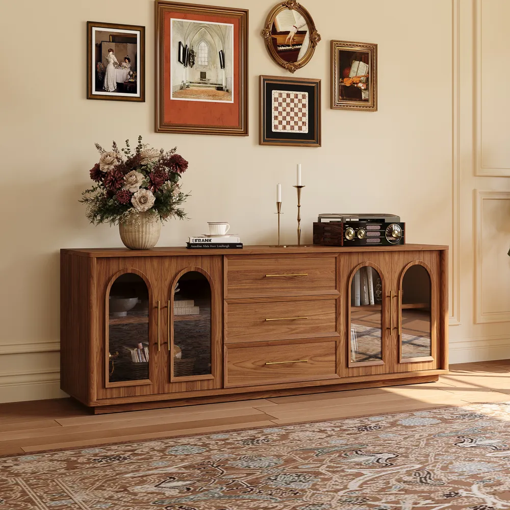 Walnut Storage TV Stand with Glass Doors