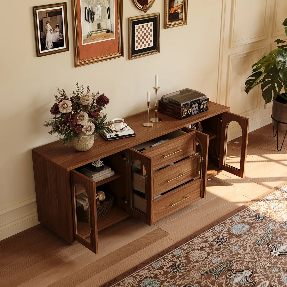 Walnut Storage TV Stand with Glass Doors