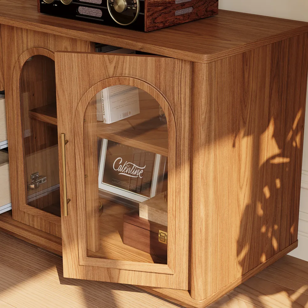 Walnut Storage TV Stand with Glass Doors