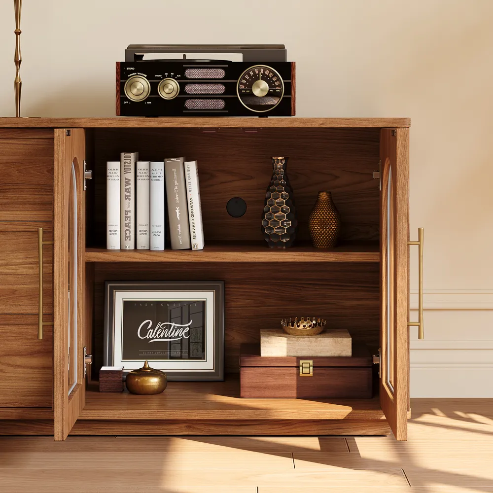 Walnut Storage TV Stand with Glass Doors