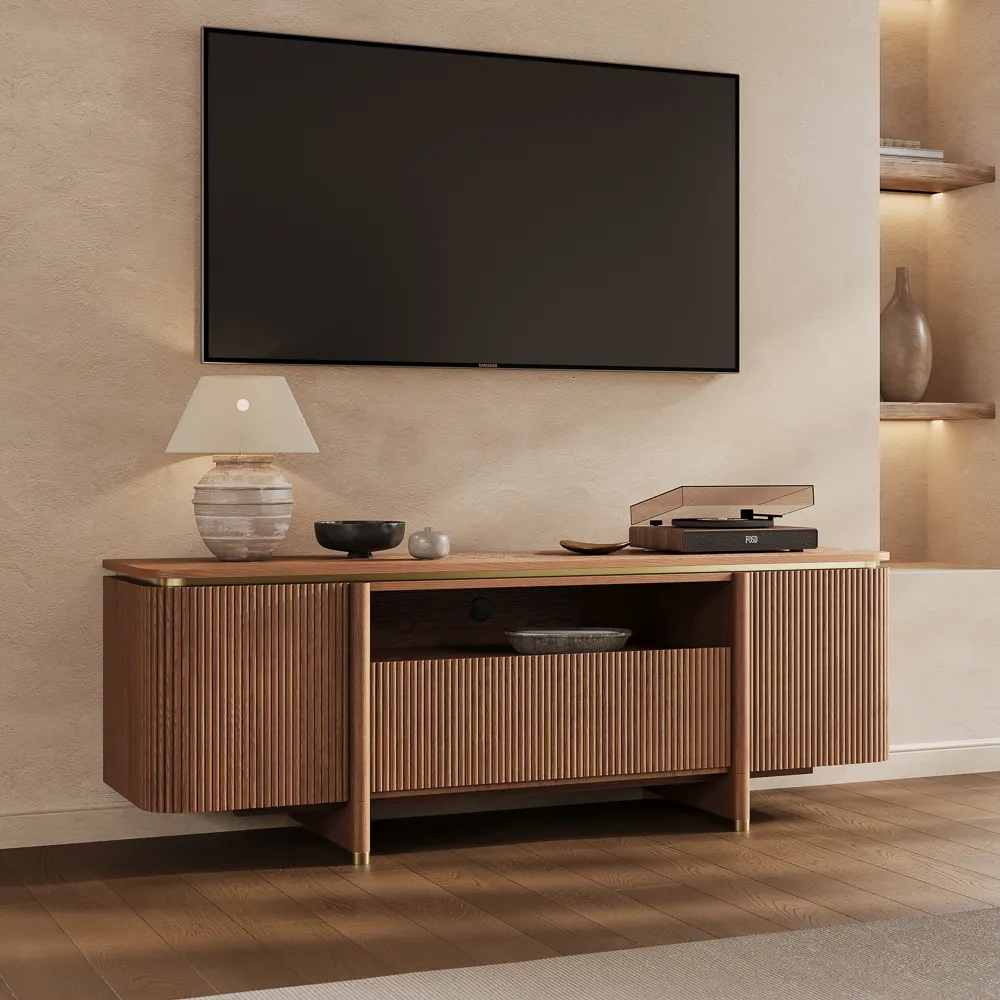 Mid-Century Modern Fluted TV Stand with Matte Metal Accents Mid-Century Modern Fluted TV Stand with Matte Metal Accents