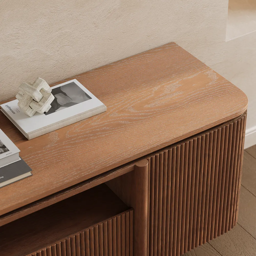 Mid-Century Modern Fluted TV Stand with Matte Metal Accents Mid-Century Modern Fluted TV Stand with Matte Metal Accents