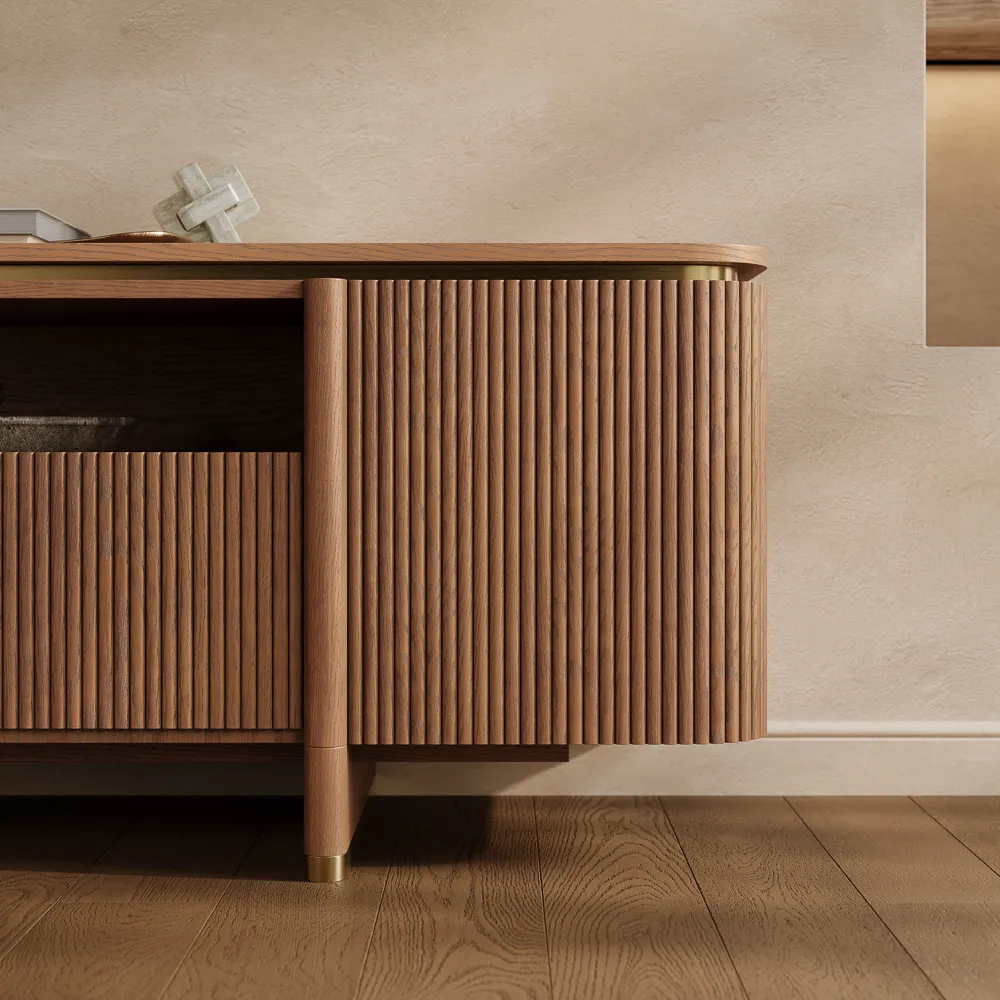 Mid-Century Modern Fluted TV Stand with Matte Metal Accents Mid-Century Modern Fluted TV Stand with Matte Metal Accents