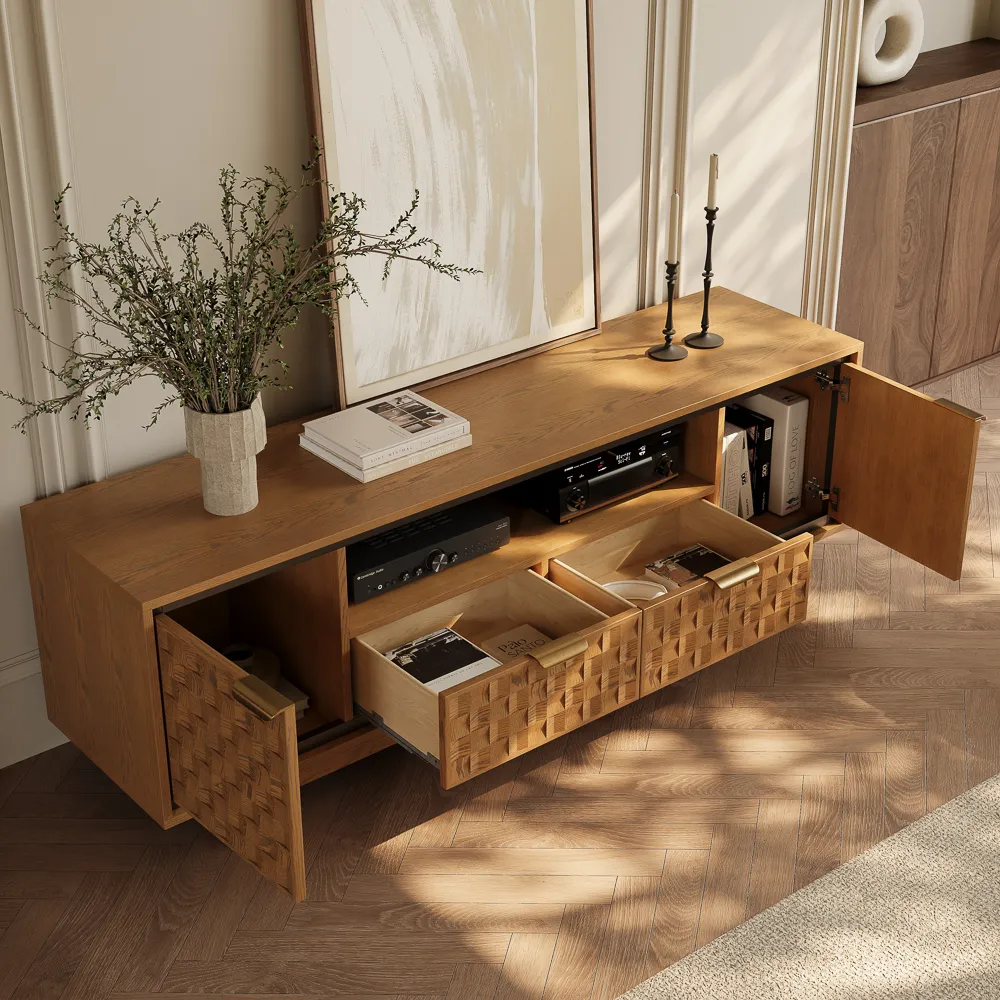 Geometric Media Console with Open Shelf