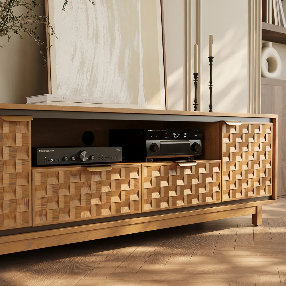 Geometric Media Console with Open Shelf