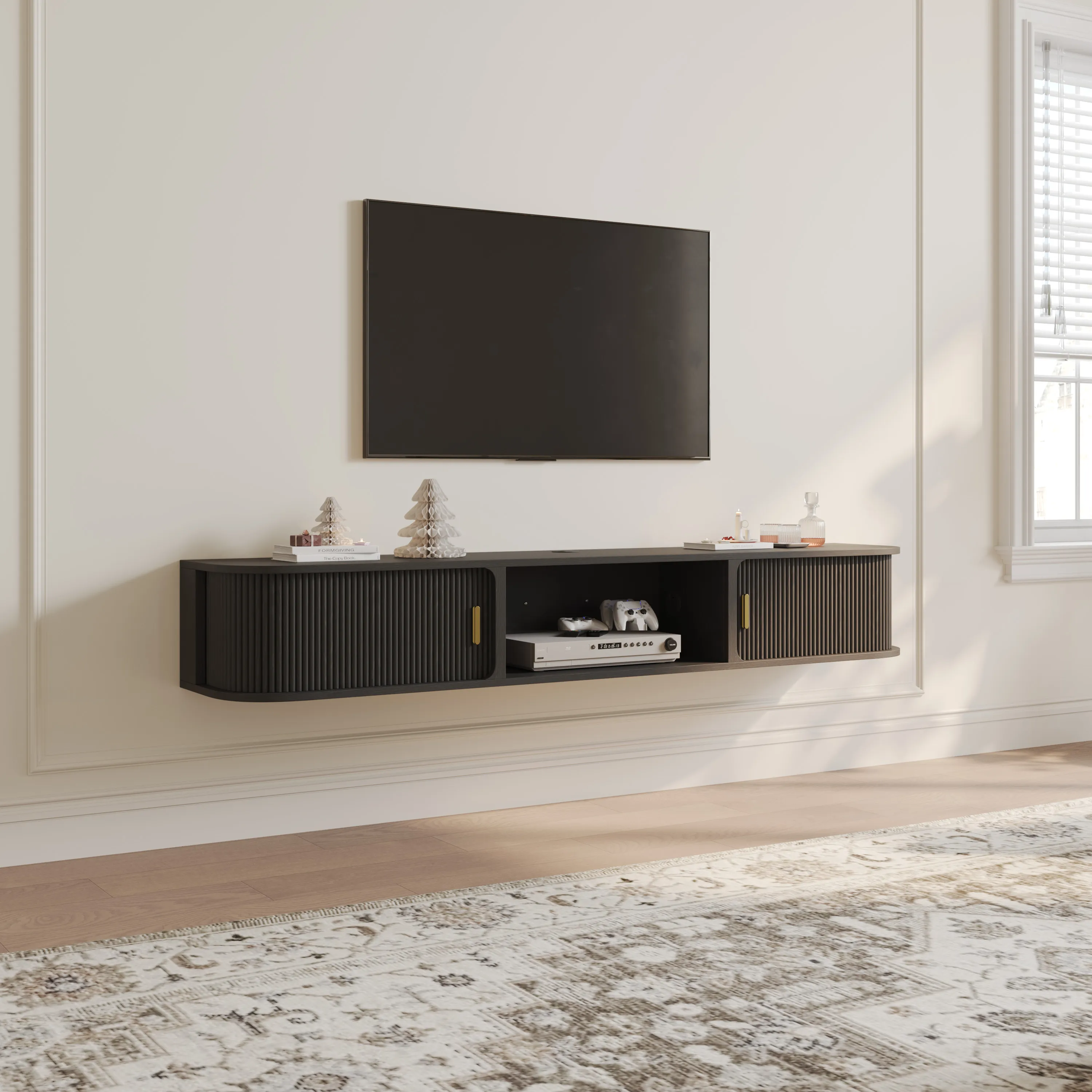 Mid-Century Modern Floating TV Stand with Sliding Tambour Doors Mid-Century Modern Floating TV Stand with Sliding Tambour Doors