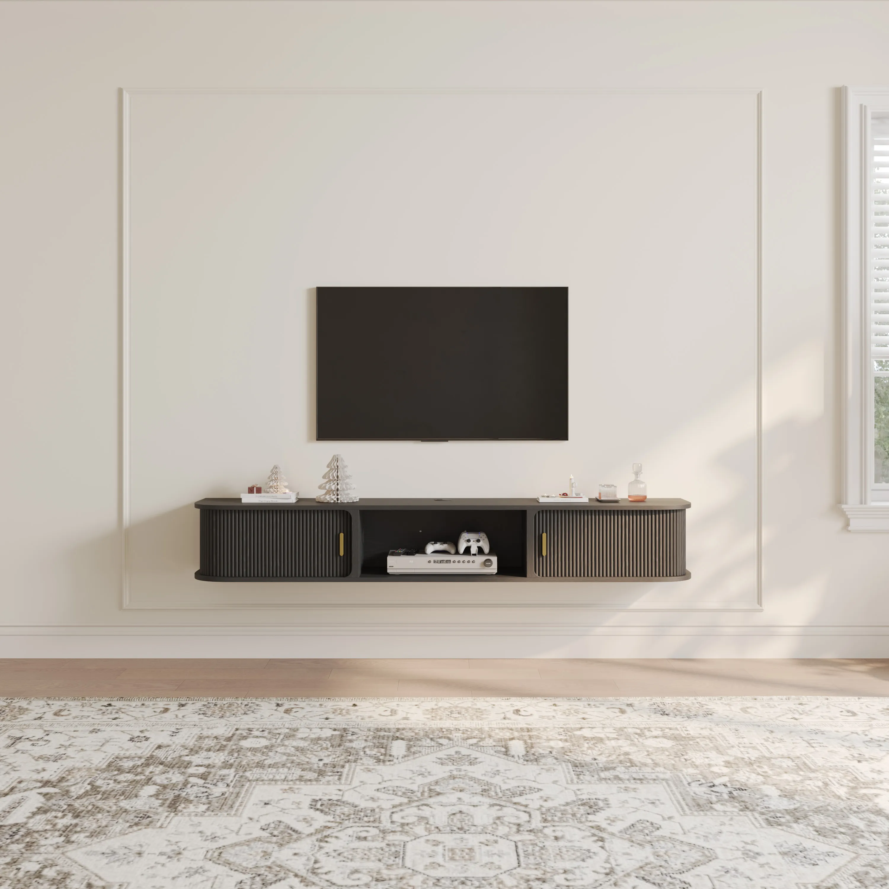 Mid-Century Modern Floating TV Stand with Sliding Tambour Doors Mid-Century Modern Floating TV Stand with Sliding Tambour Doors