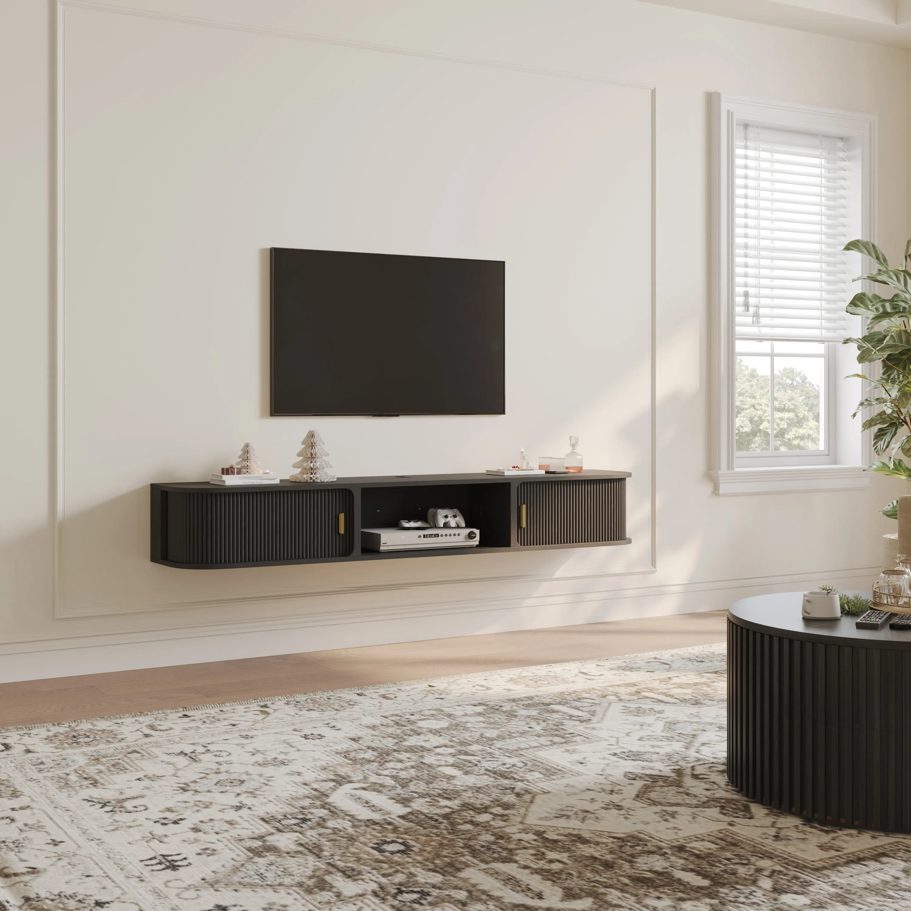 Mid-Century Modern Floating TV Stand with Sliding Tambour Doors Mid-Century Modern Floating TV Stand with Sliding Tambour Doors