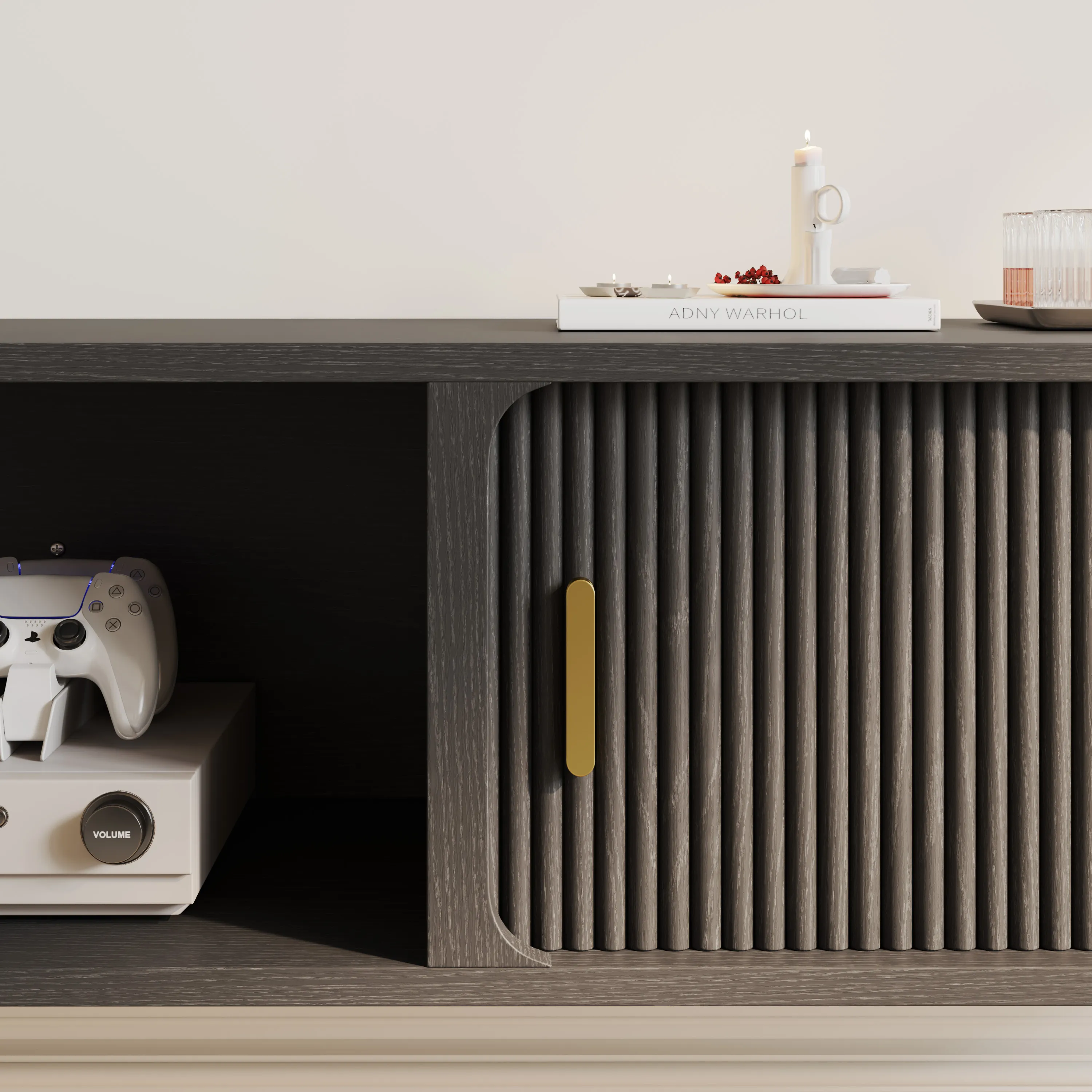 Mid-Century Modern Floating TV Stand with Sliding Tambour Doors Mid-Century Modern Floating TV Stand with Sliding Tambour Doors