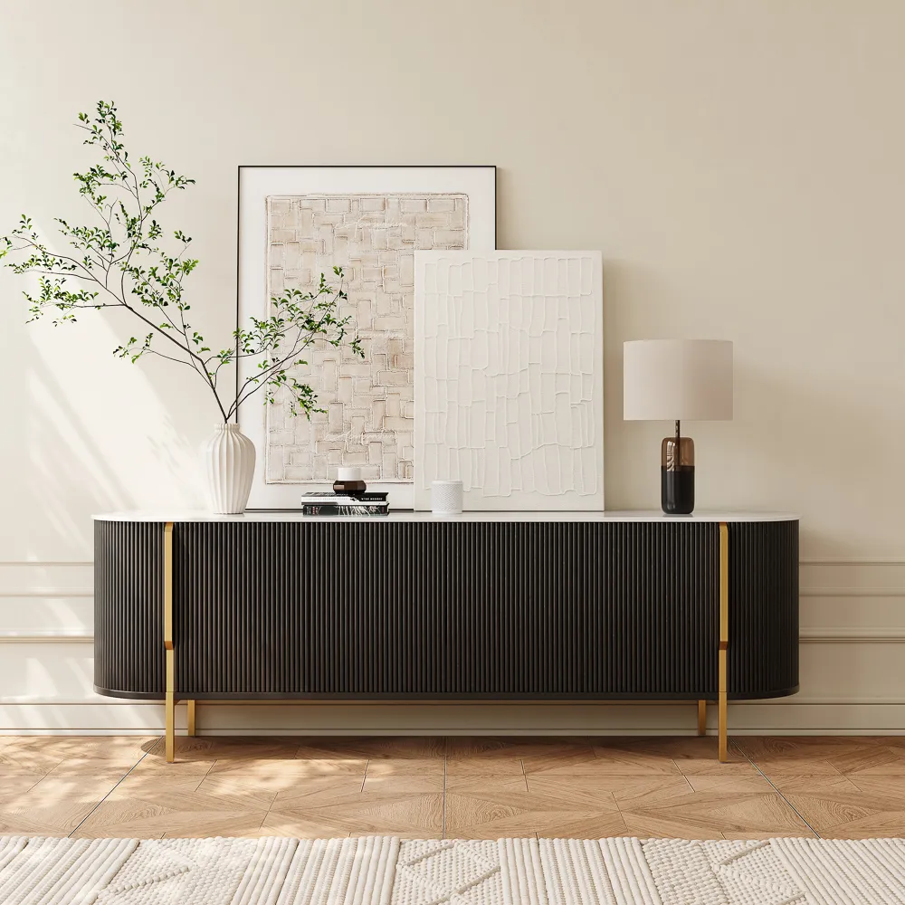 Modern Black Fluted TV Stand with Stone Top Modern Black Fluted TV Stand with Stone Top