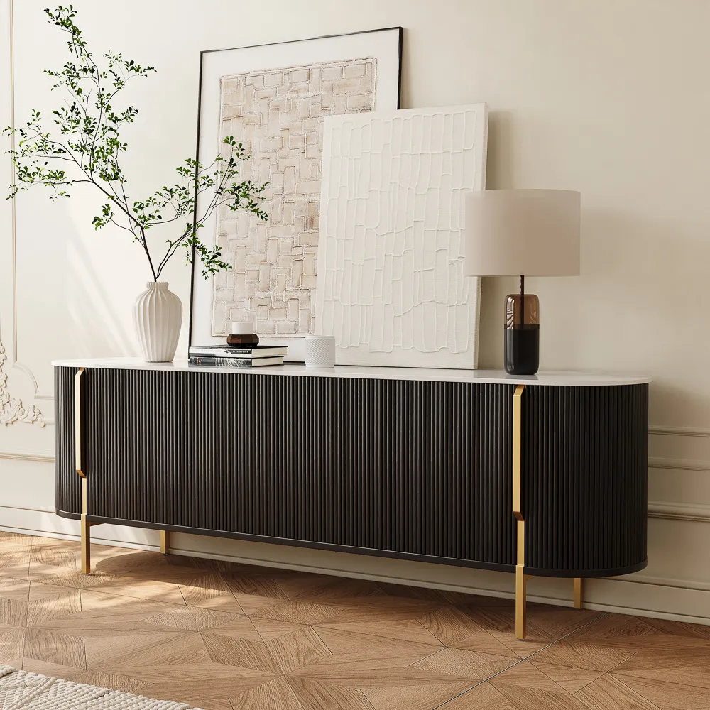 Modern Black Fluted TV Stand with Stone Top Modern Black Fluted TV Stand with Stone Top
