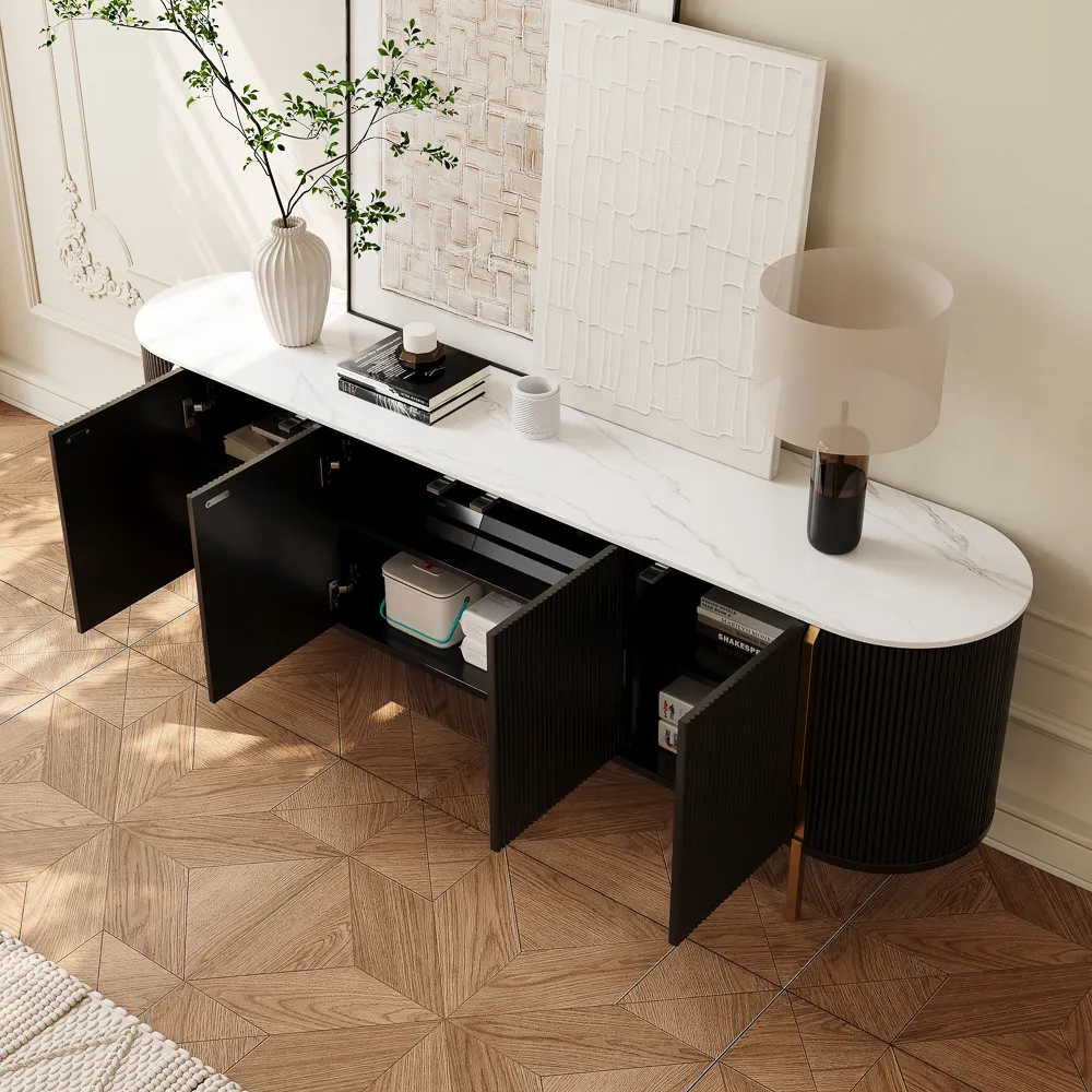 2026051403315Modern Black Fluted TV Stand with Stone Top681 Modern Black Fluted TV Stand with Stone Top