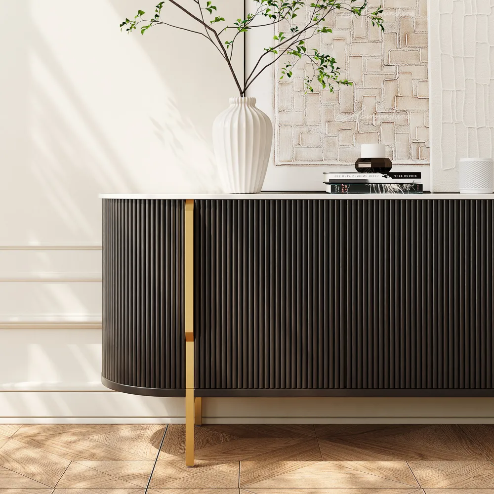 Modern Black Fluted TV Stand with Stone Top Modern Black Fluted TV Stand with Stone Top