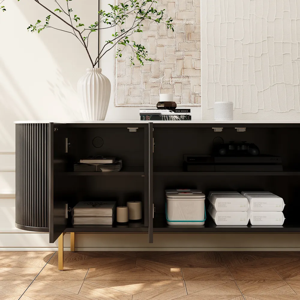 Modern Black Fluted TV Stand with Stone Top Modern Black Fluted TV Stand with Stone Top