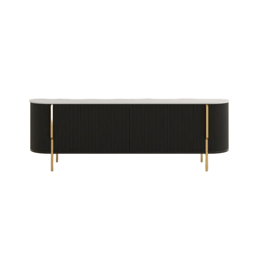 Modern Black Fluted TV Stand with Stone Top